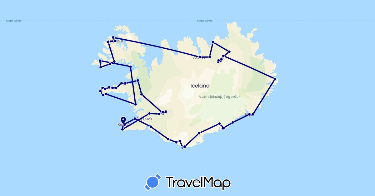 TravelMap itinerary: driving, plane in Iceland (Europe)